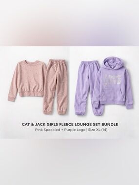 Cat & Jack Pink Speckled Sweatshirt Set & Lavender Hoodie Joggers Bundle XL